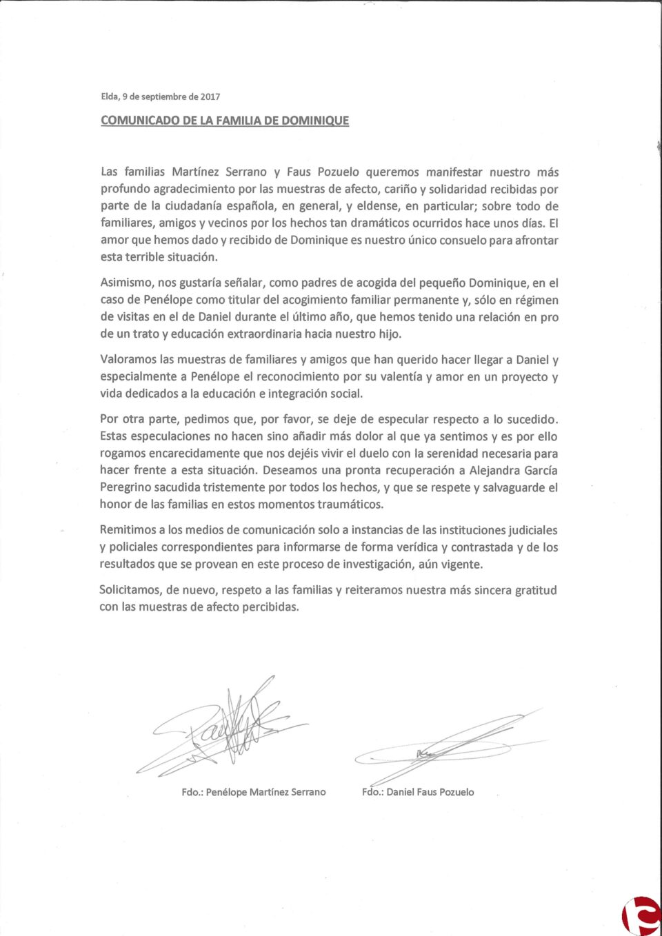 Comunicado de la familia del menor de ocho años fallecido: "Queremos que se deje de especular"