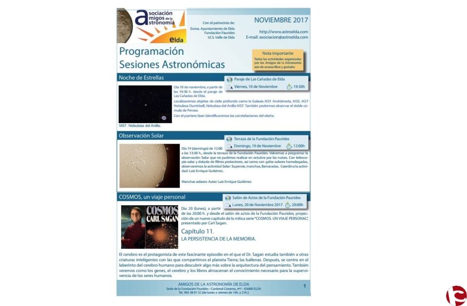 Amigos de la Astronomía. Programación y efemérides para Noviembre 2017