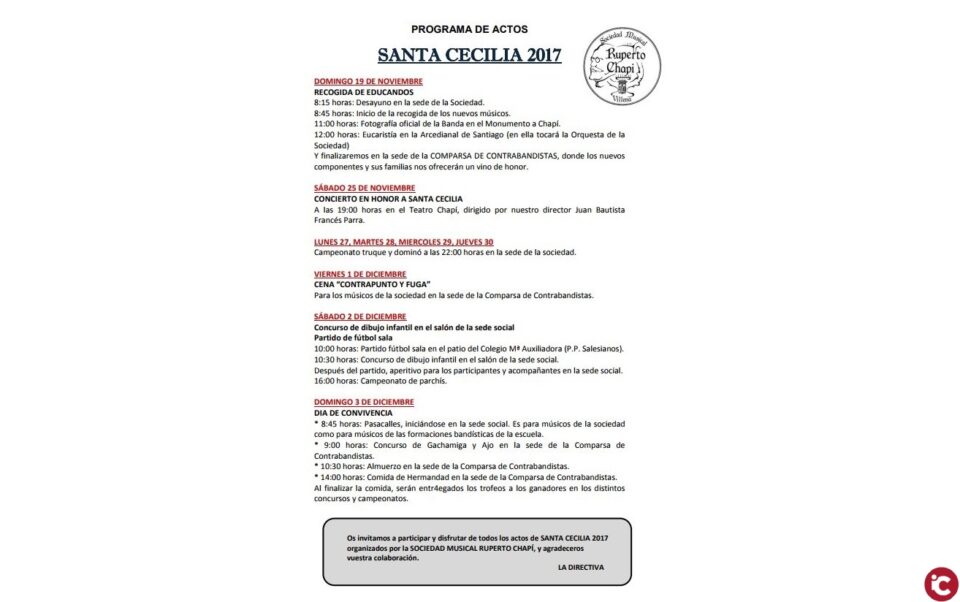 Programa del Concierto de Santa Cecilia Sociedad Musical Ruperto Chapi