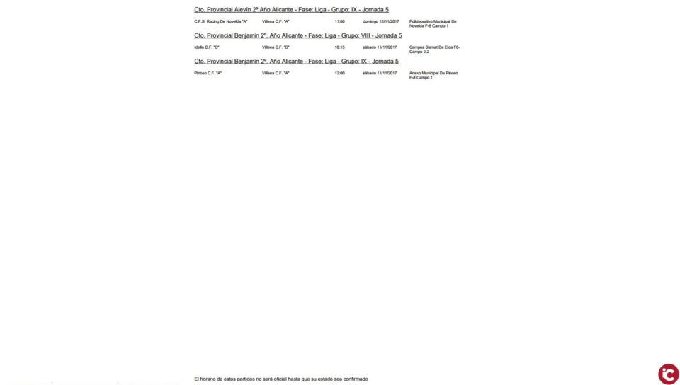 Horarios de los partidos de los distintos equipos del Villena C.F.