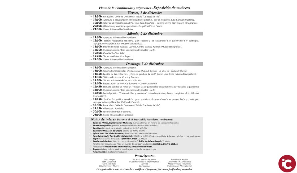 La tercera edició del Mercat Nadalenc arriba a Biar de l'1 al 3 de desembre