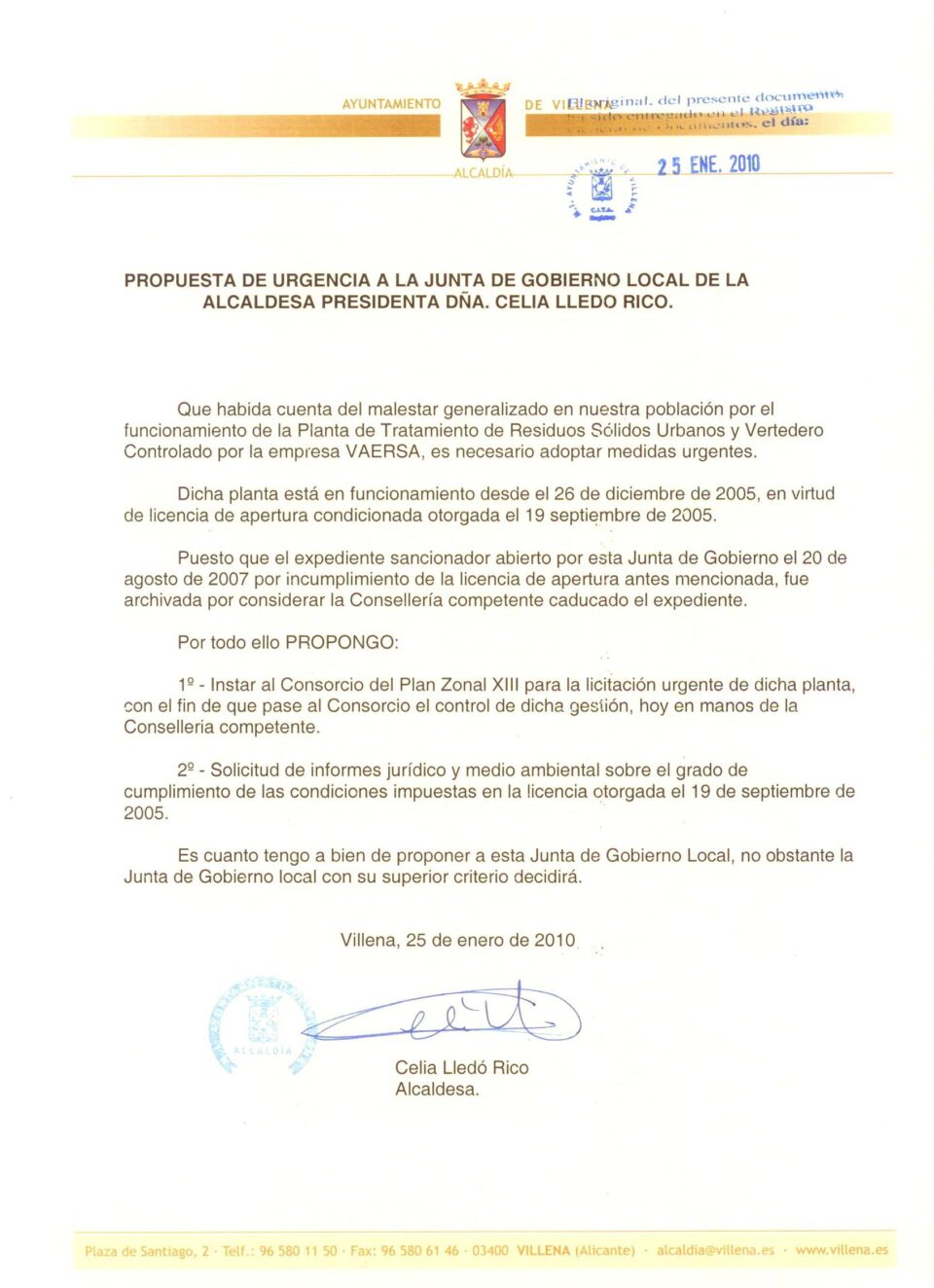 Propuesta de urgencia a la junta de gobierno local