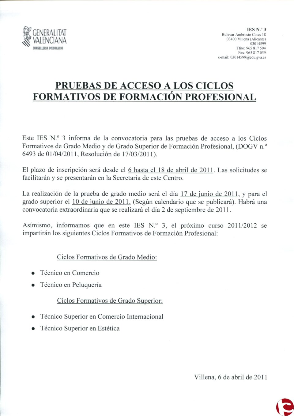 Pruebas de acceso a ciclos formativos del IES nº 3