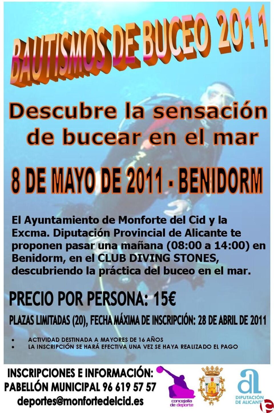 La concejalía de Deportes oferta bautismos de buceo