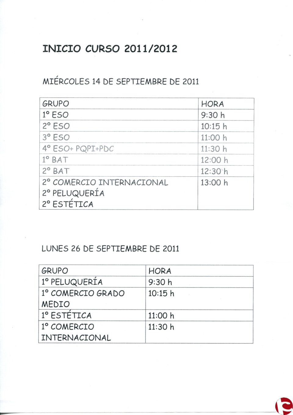 Calendario de Inicio de curso y de la oferta educativa de éste IES Nº 3