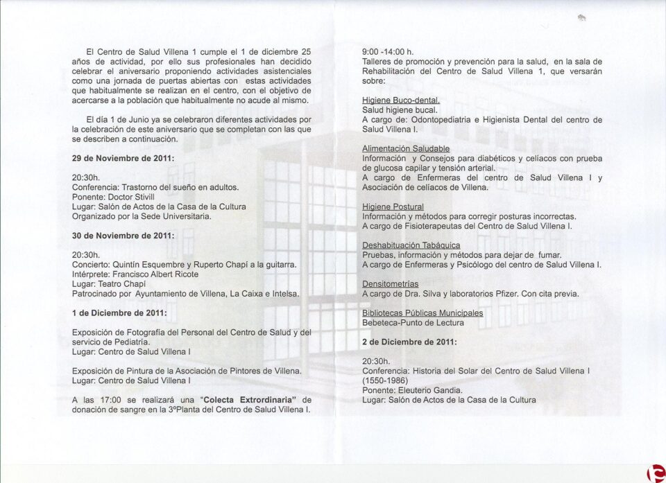 El Centro de Salud Villena I celebra su XXV aniversario con actividades asistenciales