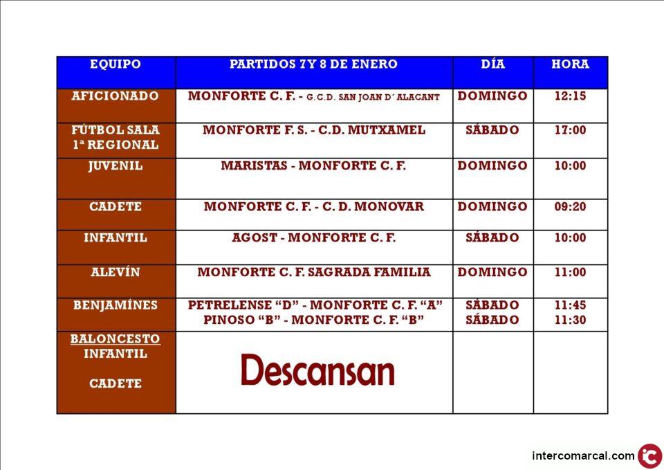 HORARIOS DE EQUIPOS FEDERADOS DE MONFORTE 7 Y 8 DE ENERO