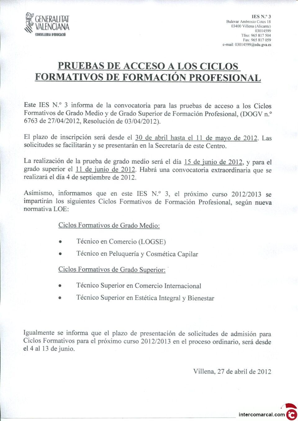 IES NÚMERO 3 - VILLENA. Información de pruebas que se realizarán