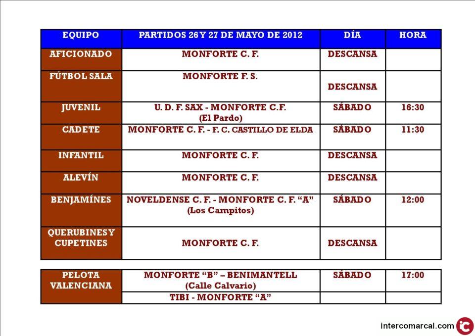 HORARIOS EQUIPOS MONFORTINOS PARA FIN DE SEMANA 26 Y 27 DE MAYO 2012