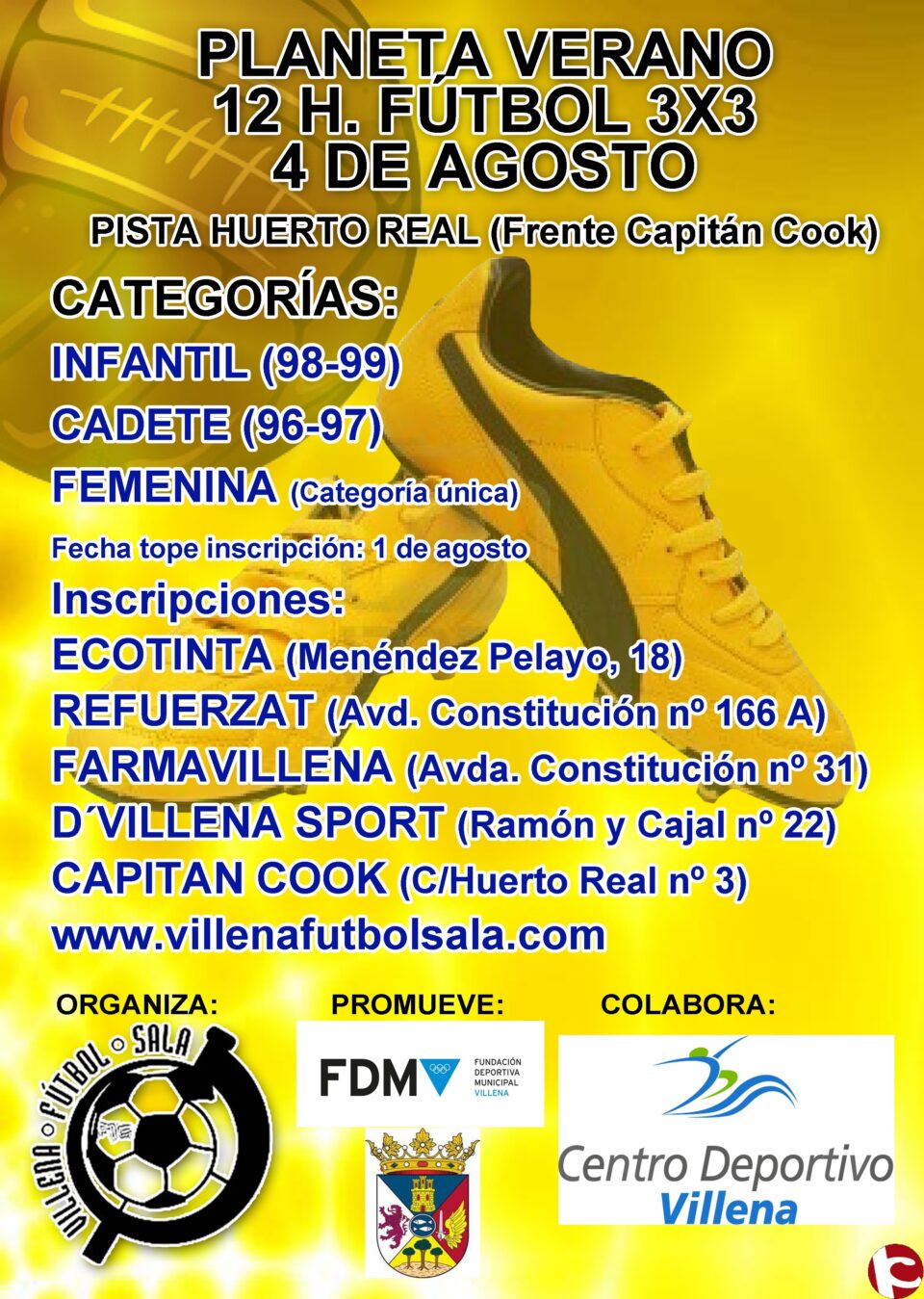 El 4 de Agosto de 10 de la mañana a 10 de la noche se celebran las 12 horas de futbol sala 3x3 en categorías de infantil