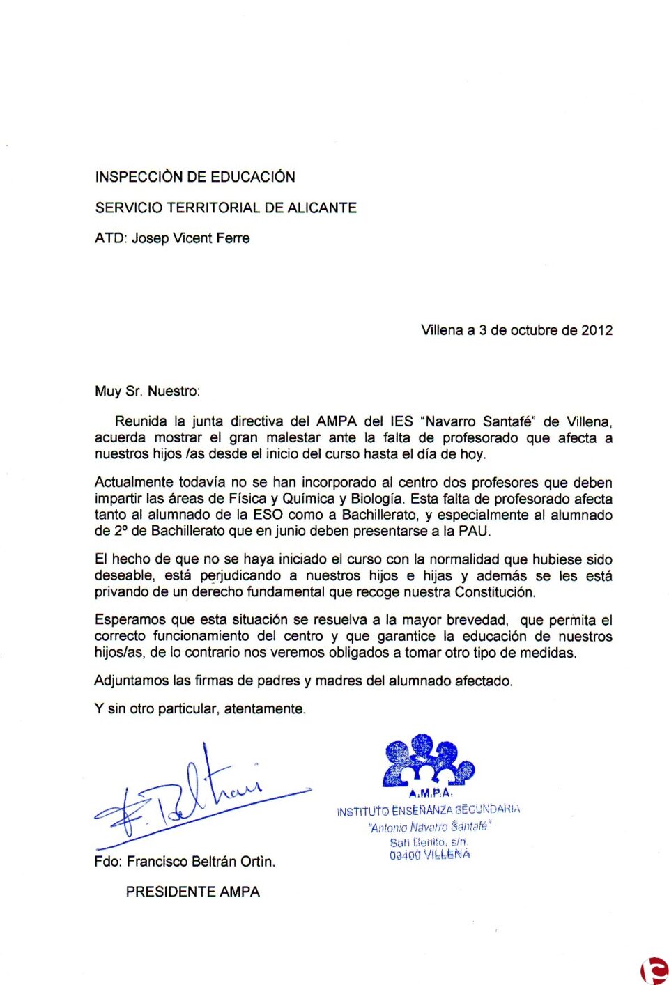 AMAPA IES NAVARRO SANTAFÉ: Carta a la inspección territorial de educación AMAPA IES NAVARRO SANTAFE