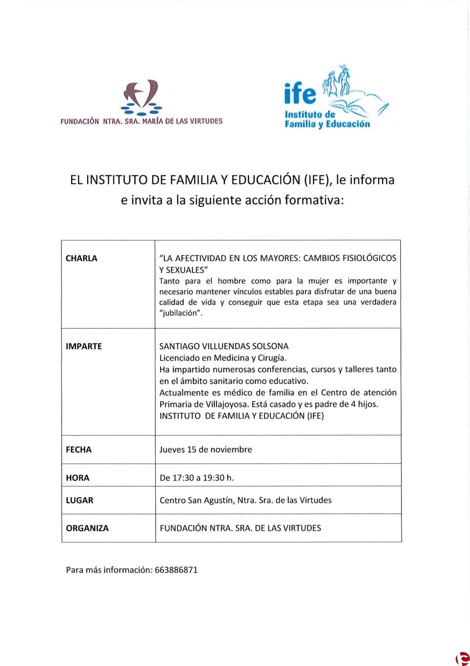 CHARLA; "LA AFECTIVIDAD EN LOS MAYORES: CAMBIOS FISIOLÓGICOS Y SEXUALES" que se realizará en la Fundación Ntra. Sra. María de las Virtudes