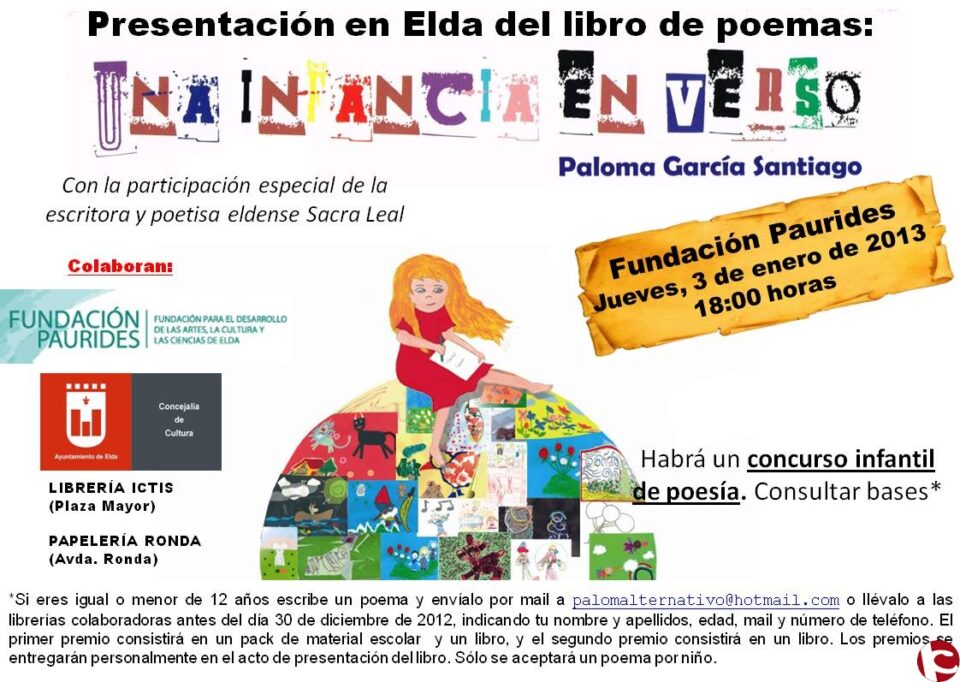 La Presentación en Elda del libro de Poemas: "Una infancia en Verso" será el dia 3 de enero