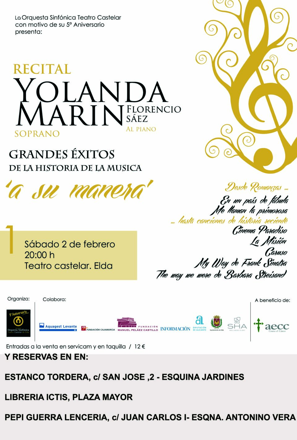 Yolanda Marín y el pianista Florencio Sáez actuarán el sábado a beneficio de la AECC Elda-Petrer en la conmemoración del 5º aniversario de la Orquesta Sinfónica del Teatro Castelar