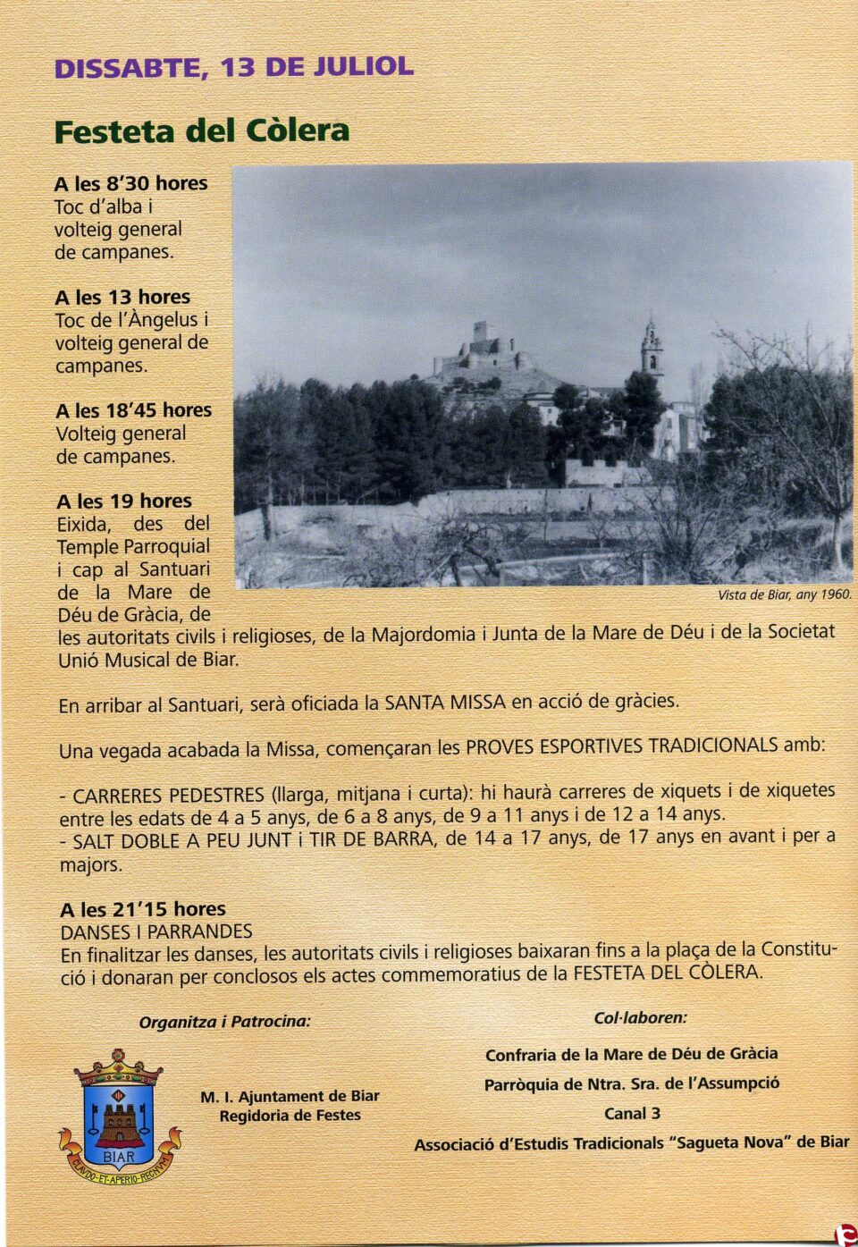 Actos a celebrar con motivo de San Cristóbal y la Festeta del Cólera.