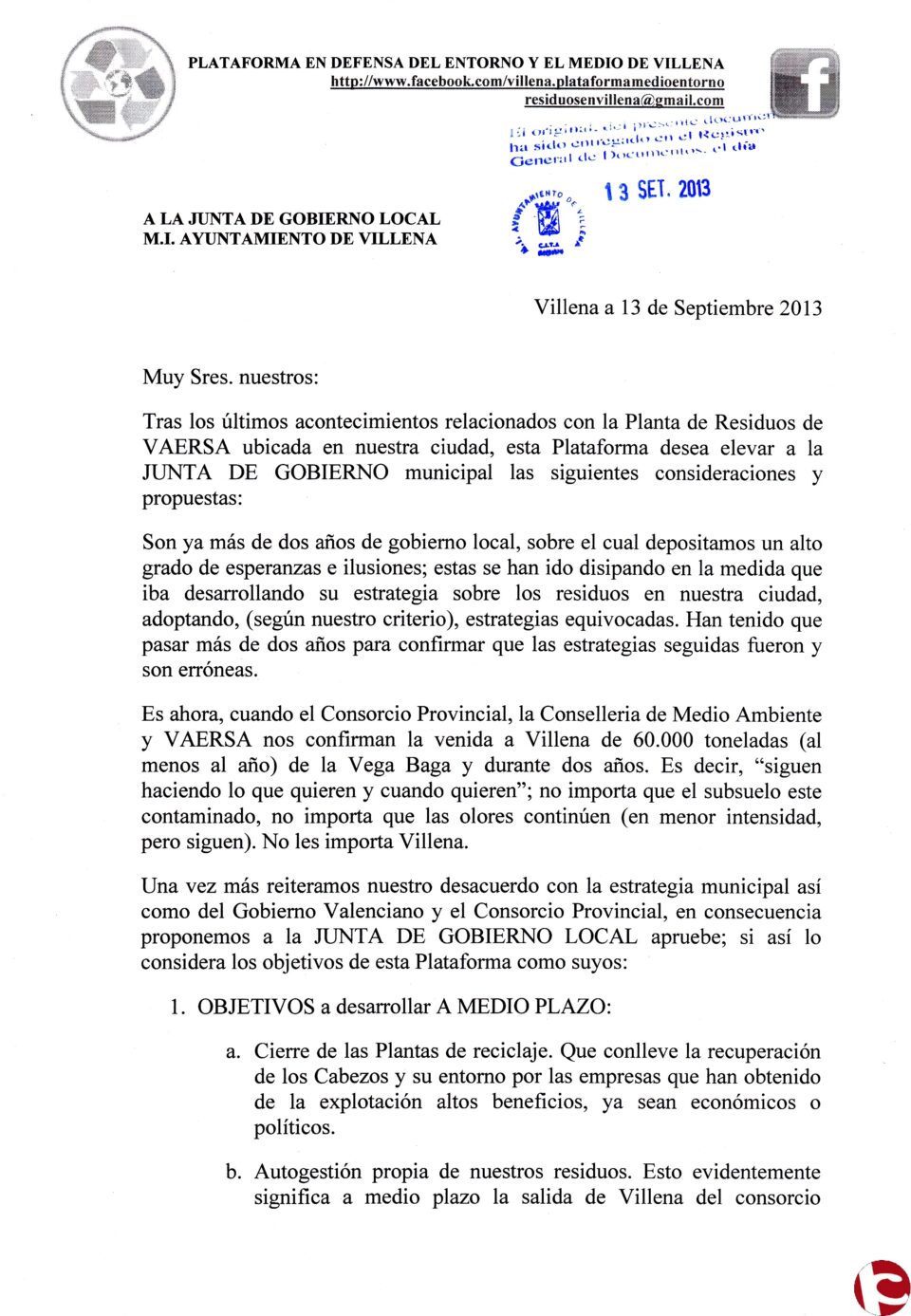 Propuesta de la Plataforma en defensa del entorno y el medio de Villena