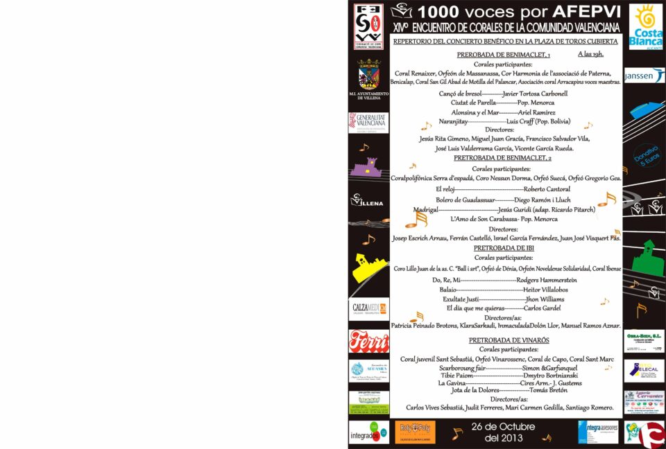 XIV ENCUENTRO DE CORALES DE LA COMUNIDAD VALENCIANA bajo el titulo 1.000 VOCES POR AFEPVI que se celebrará