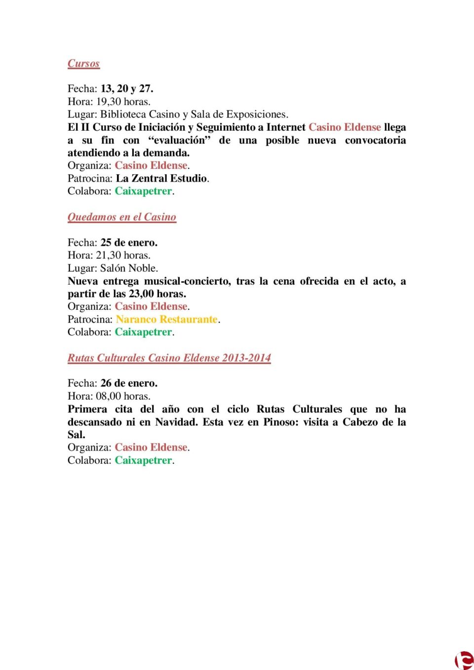 Actividades Casino Eldense Enero 2014