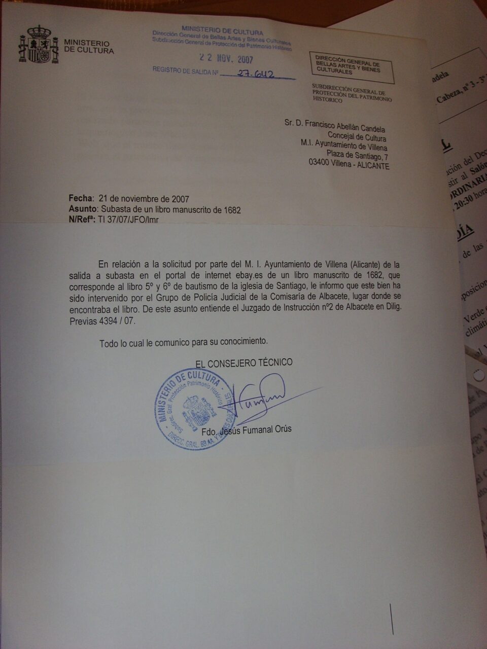 El Ministerio de Cultura remite un escrito al Ayuntamiento informando sobre la localízación oficial del libro Bautismal