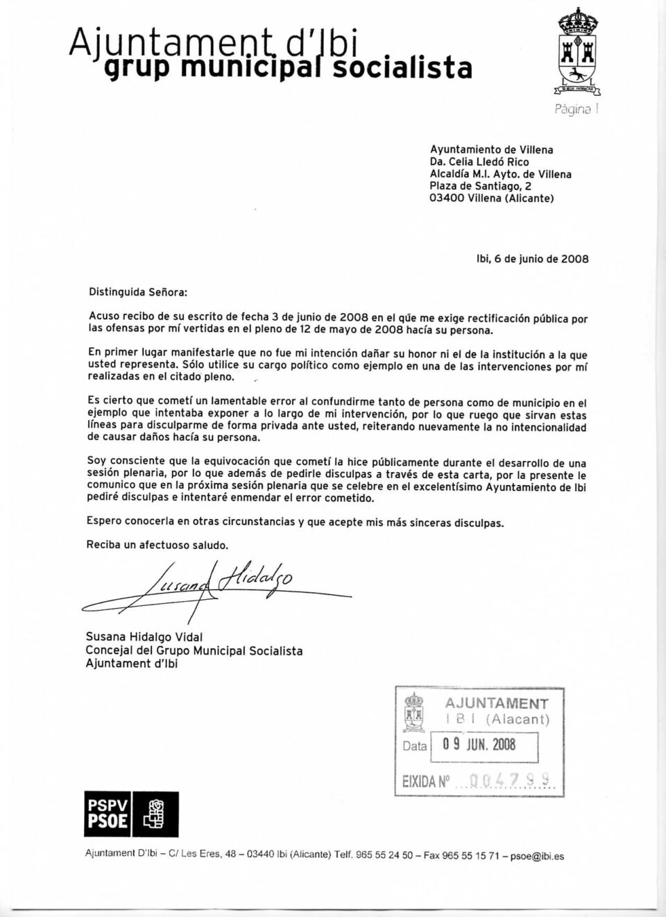 La concejal socialista de Ibi pide disculpas a la Alcaldesa de Villena sobre la "supuesta utilización del coche oficial para fines particulares"