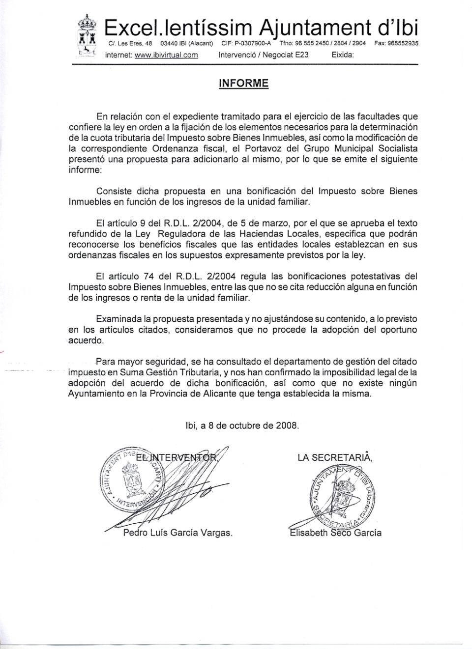 Los informes técnicos y el departamento de gestión del I.B.I de la provincia de Alicante confirman la ilegalidad de la propuesta del PSOE