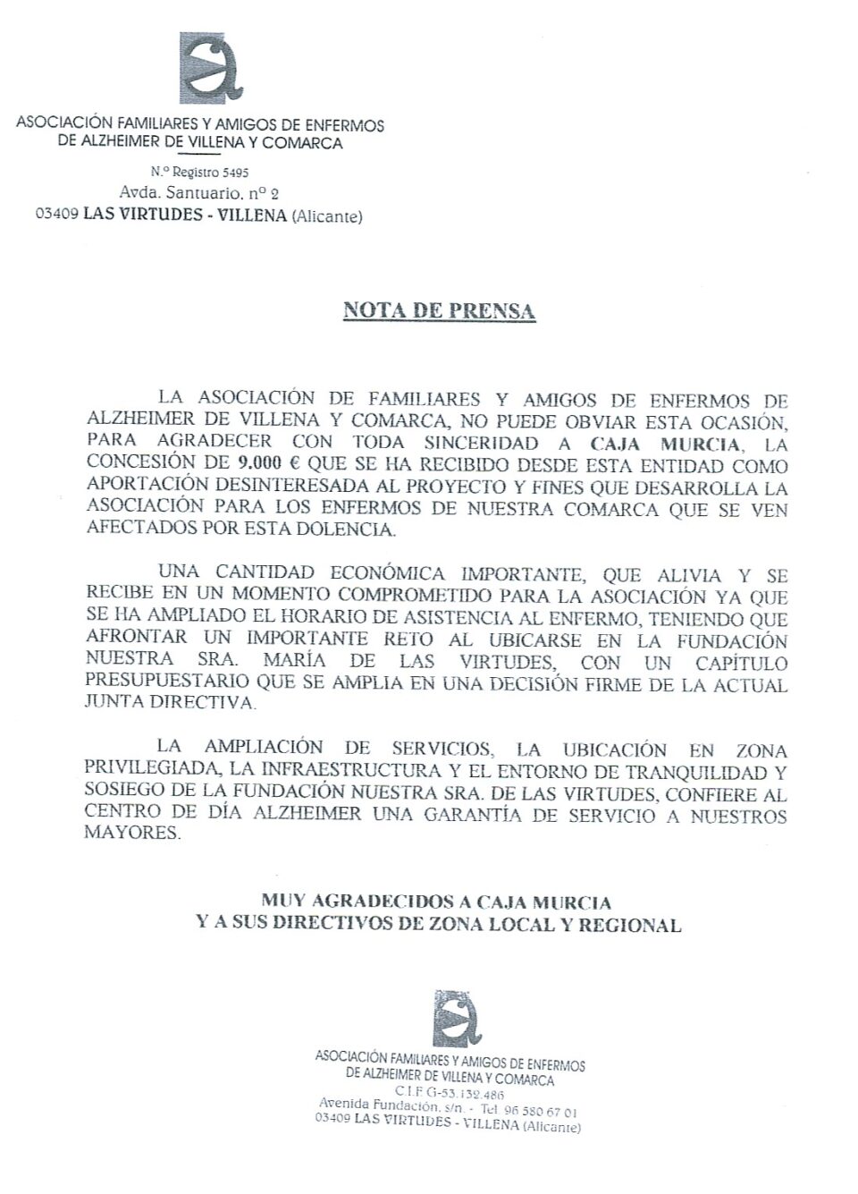 AGRADECIMIENTO DE LA ASOCIACIÓN DE FAMILIARES Y AMIGOS DE ENFERMOS DE ALZHEIMER