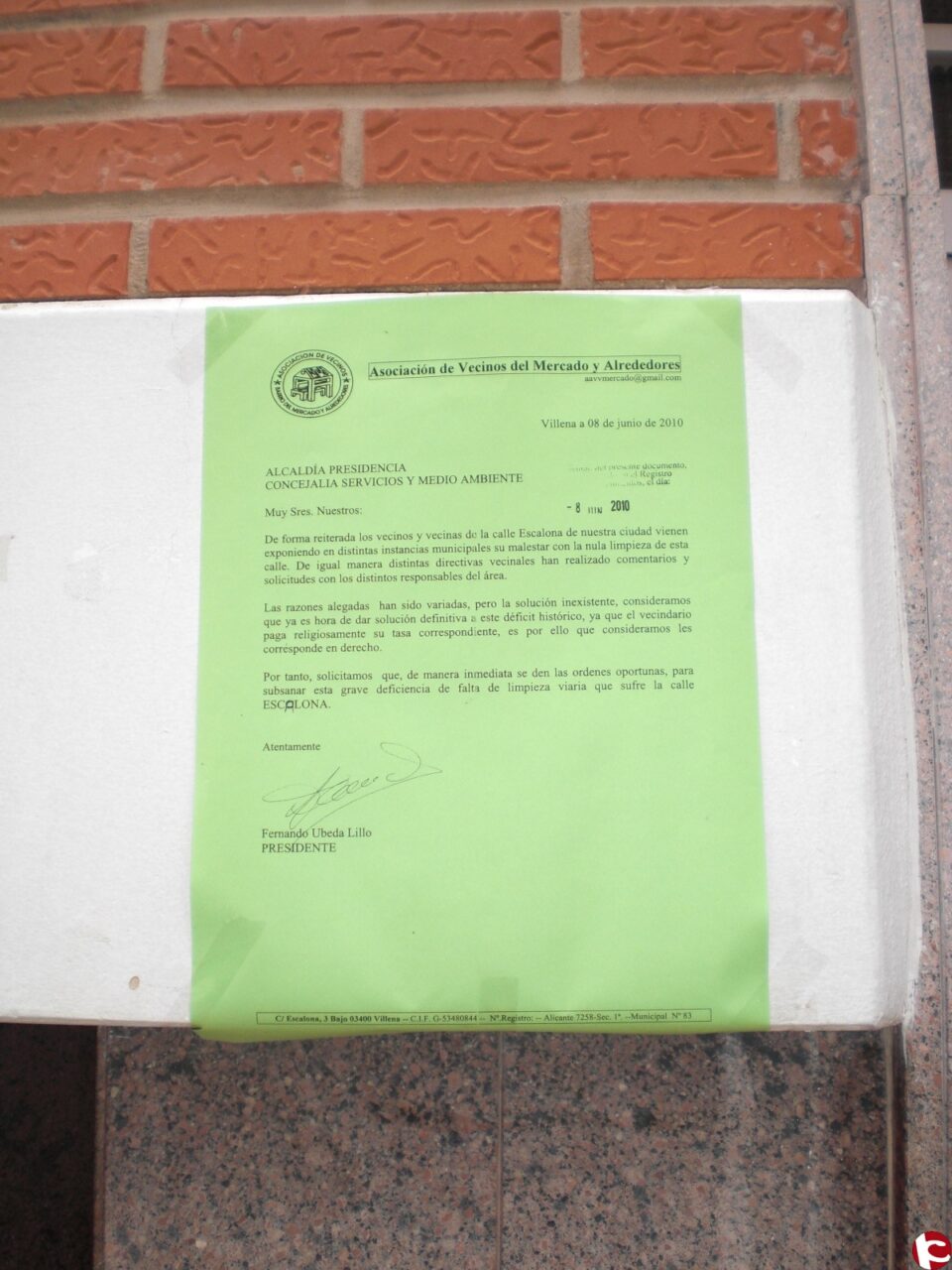 Nota de la Asociación de Vecinos del Mercado y Alrededores