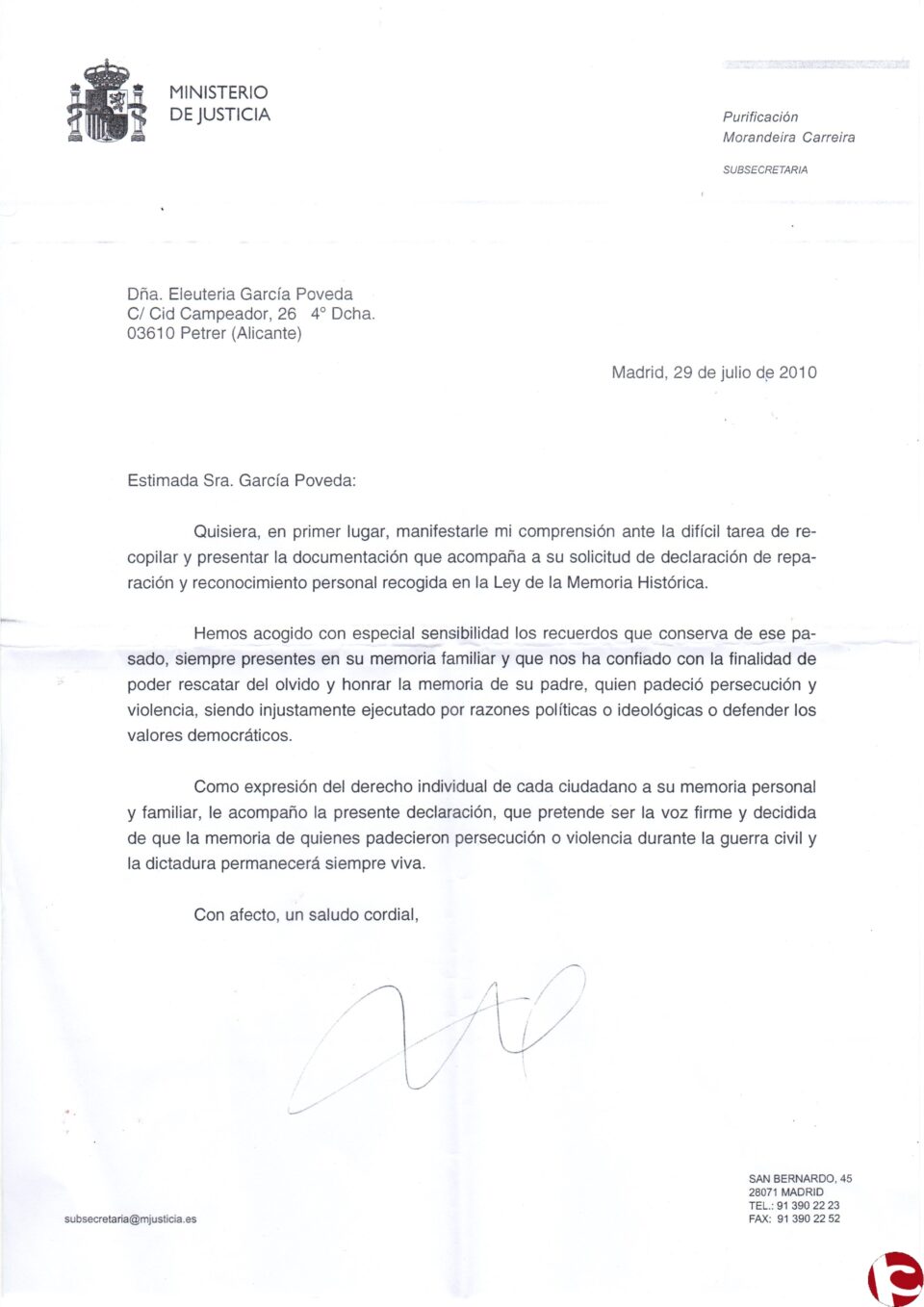 El Ministerio de Justicia expide una declaración de reparación y reconocimiento personal a Rosendo García