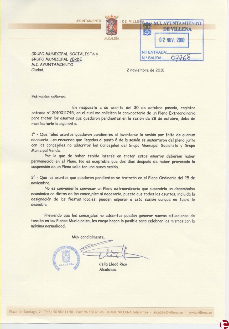 Celia Lledó no cree que sea necesario un pleno extraordinario solicitado por los grupos de la oposición dos días después de abandonar el ordinario