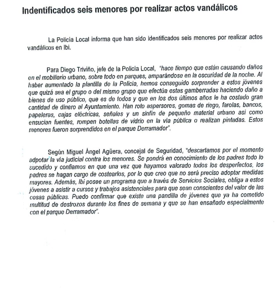 IDENTIFICADOS SEIS MENORES POR REALIZAR ACTOS VANDÁLICOS