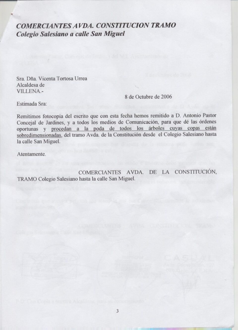 COMUINICADO COMERCIANTES : ÁRBOLES EN AVDA. CONSTITUCIÓN