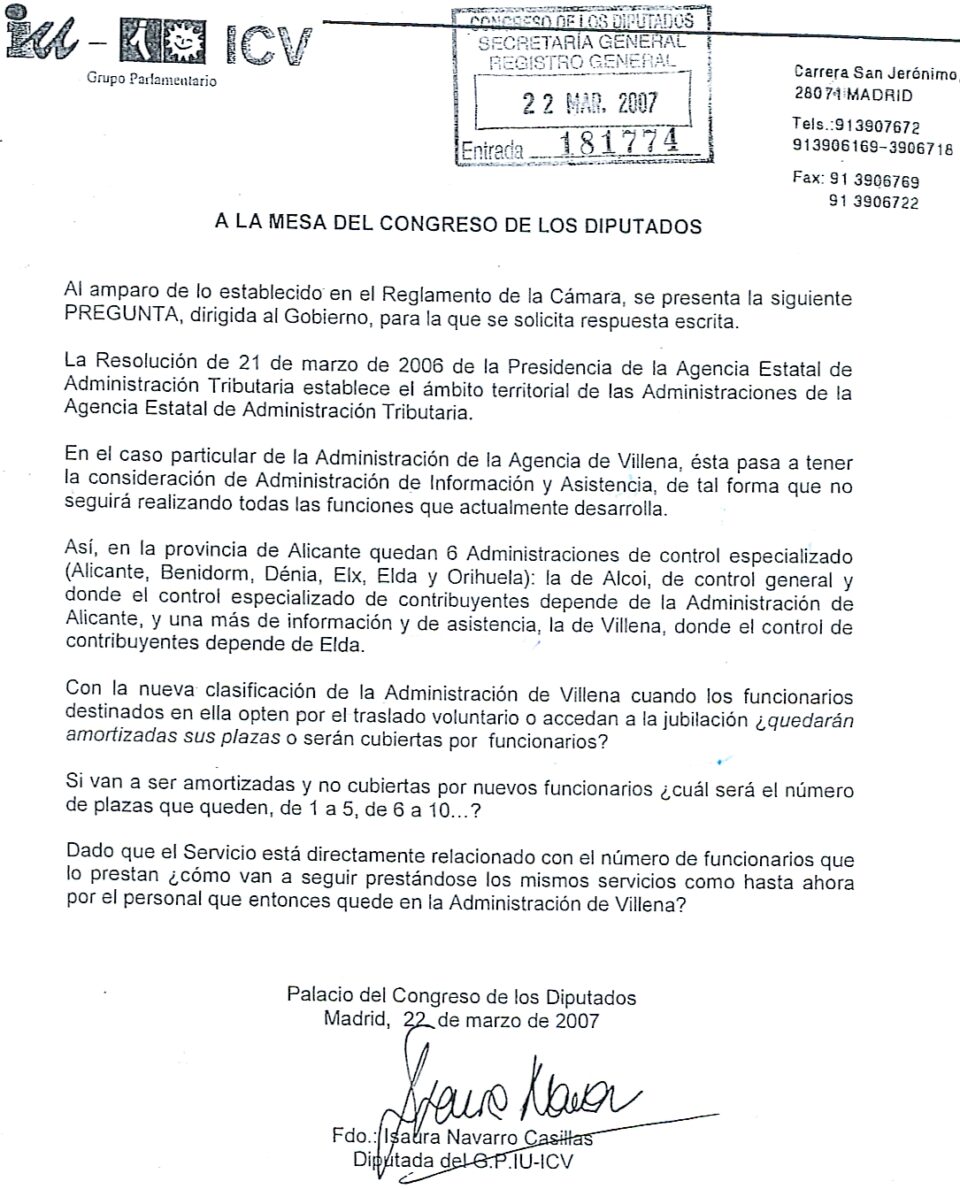 IU PREGUNTA AL CONGRESO DE LOS DIPUTADOS SOBRE LA SITUACIÓN DE HACIENDA Y DE SUS FUNCIONARIOS