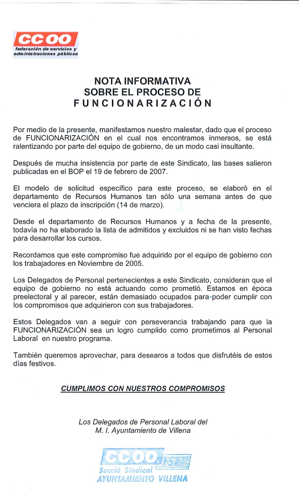 CC.OO. : NOTA INFORMATIVA SOBRE EL PROCESO DE FUNCIONARIZACIÓN