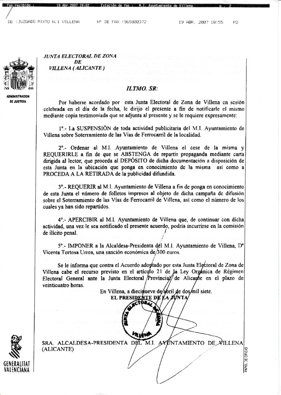 LA JUNTA ELECTORAL VUELVE A DAR LA RAZÓN AL PP Y SANCIONA A LA ALCALDESA CON 300 EUROS Y RETIRADA DE UNA CARTA DONDE SE INFORMA DEL SOTERRAMIENTO