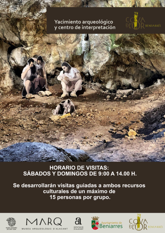 Cartell anunciador visites al Jaciment i Centre d'Interpretació de la Cova de l'Or, Beniarrés